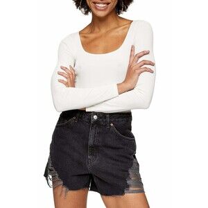 Topshop Nordstrom Square Neck Bodysuit Top Sz 2 Ribbed Ivory Lightweight EUC B6